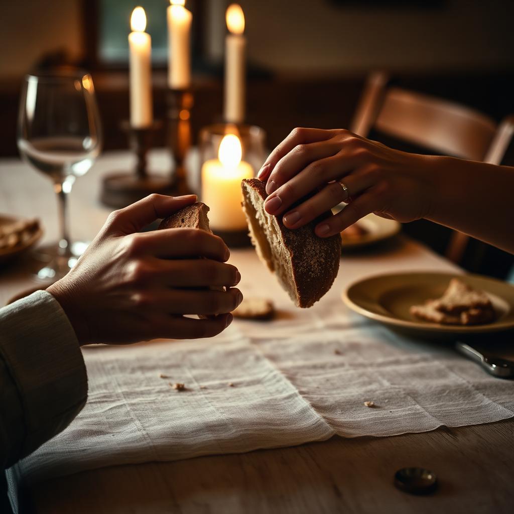 Hands breaking bread over a candlelit table