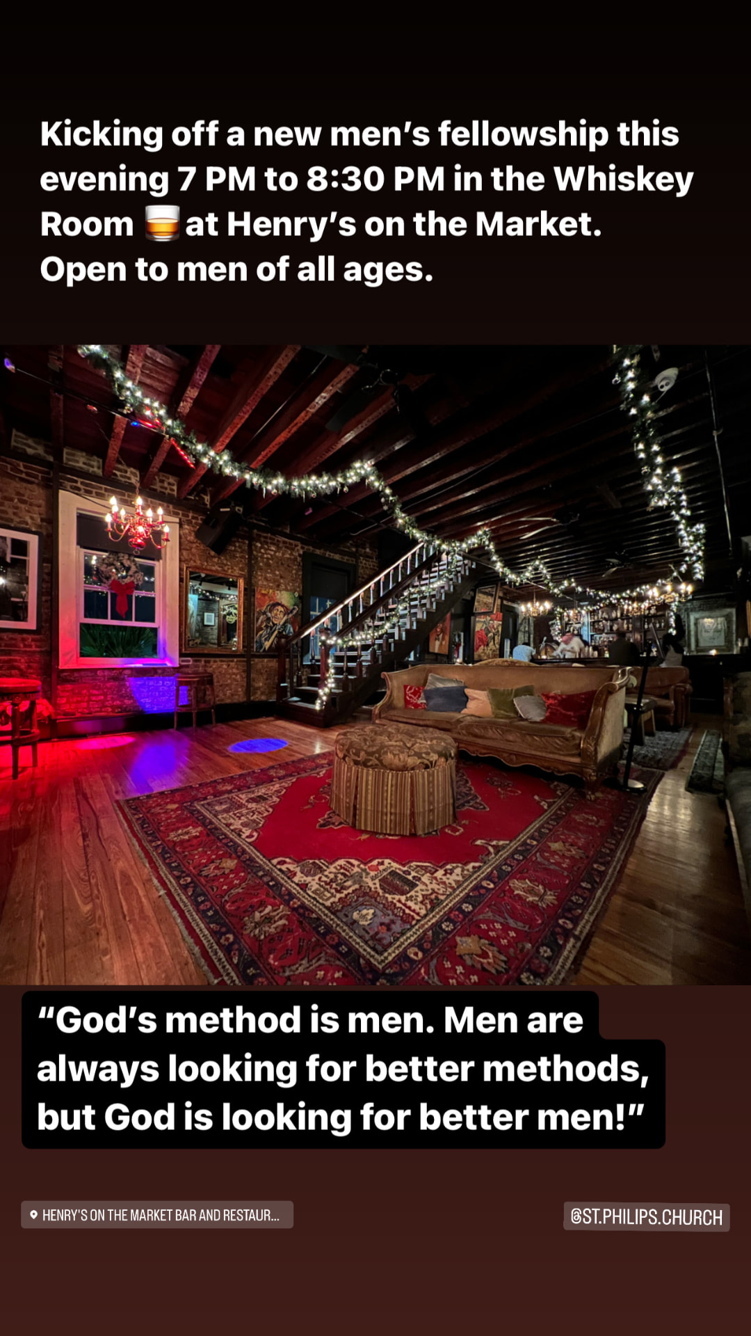 Invitation: Kicking off a new men's fellowship, 7–8:30pm in the Whiskey Room at Henry's on the Market