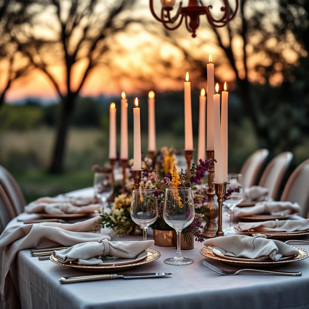 A beautifully laid table at dusk with candles and wildflowers