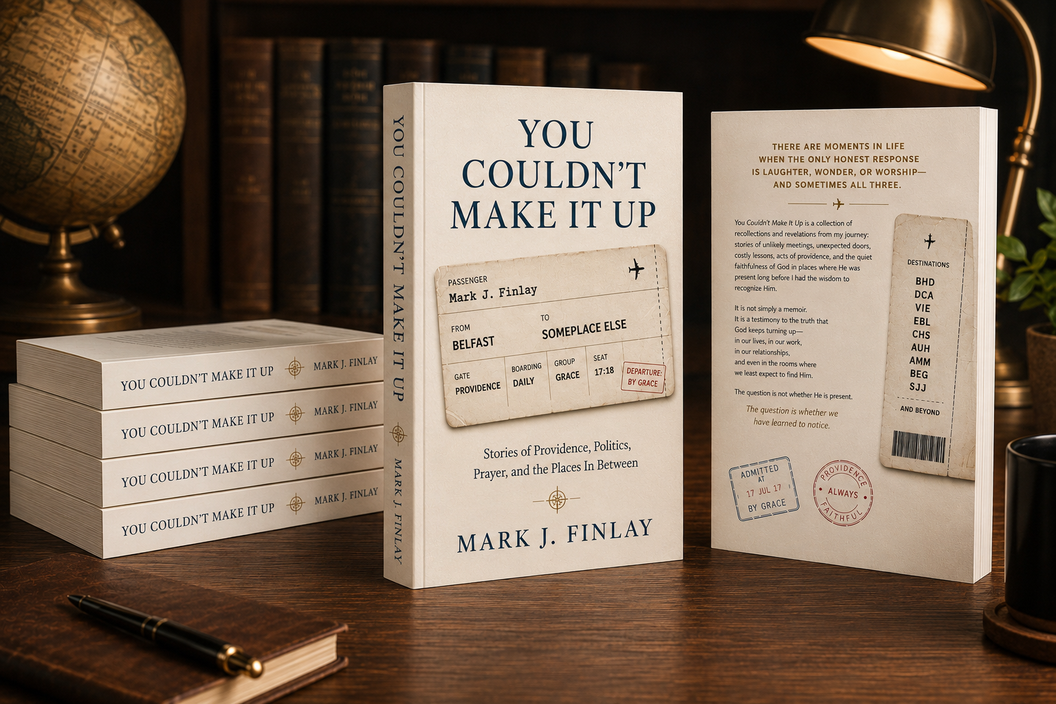 You Couldn't Make It Up by Mark J. Finlay — paperback shown standing with stacked copies and back cover on a wooden desk