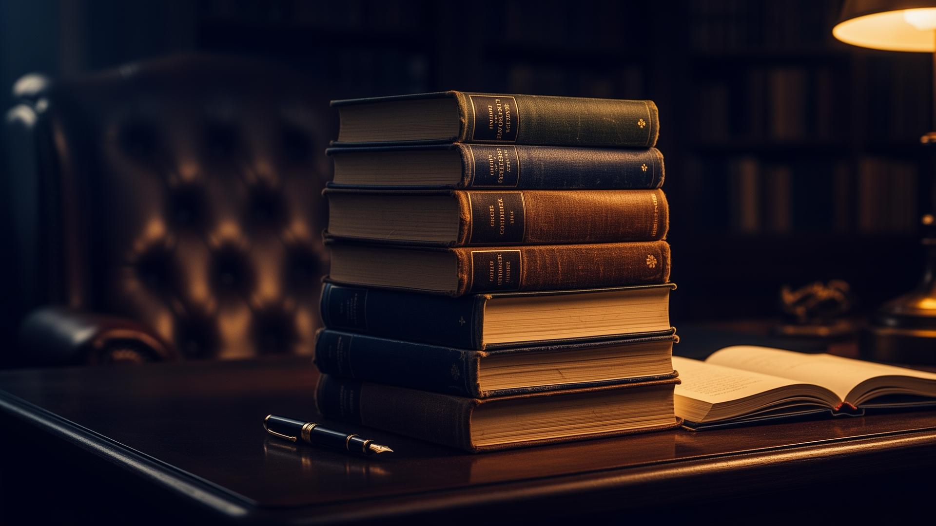 A warmly lit stack of books