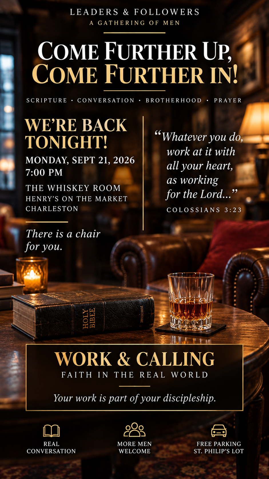 Invitation: Work & Calling — Faith in the Real World, Monday Sept 21 2026, 7pm in the Whiskey Room at Henry's on the Market, Charleston