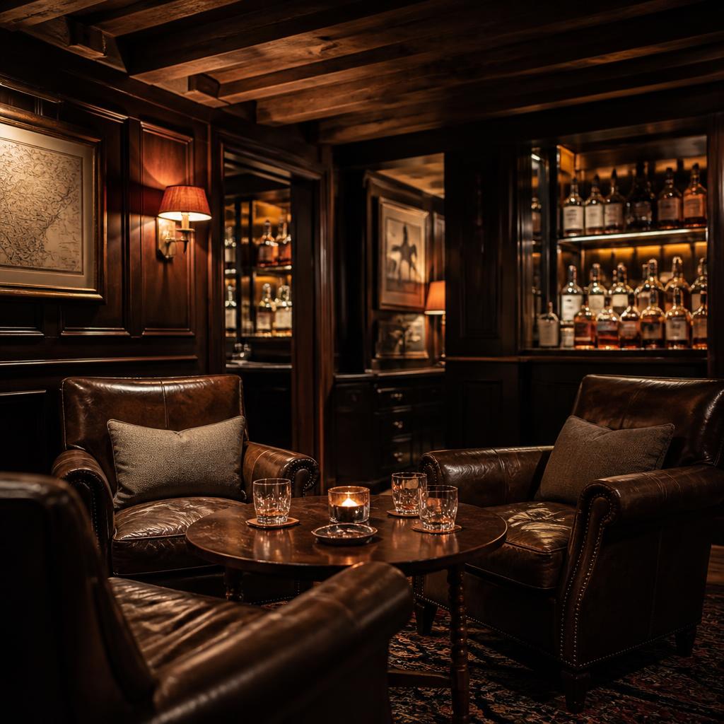 Leather chairs gathered around a table of whiskey glasses in a wood-panelled room
