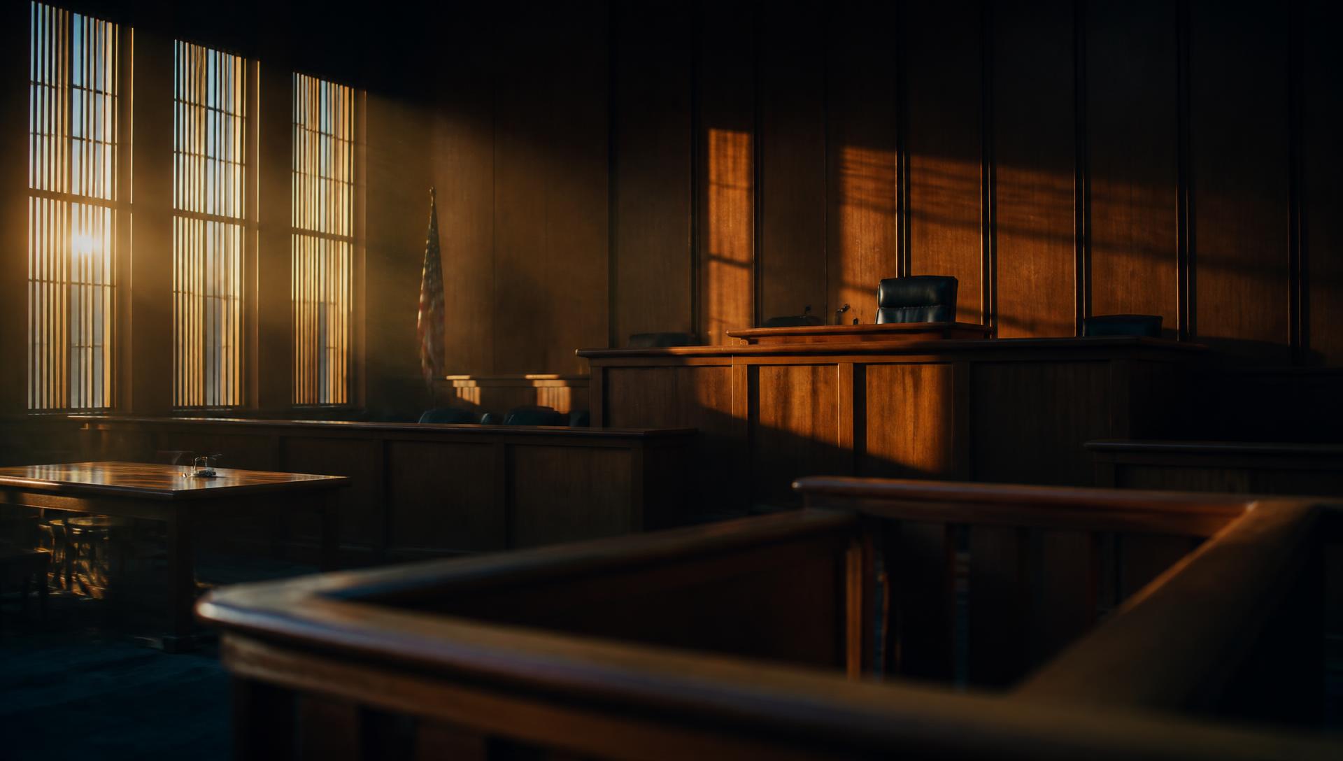 Empty American courtroom at dusk, light falling across the judge's bench and witness box
